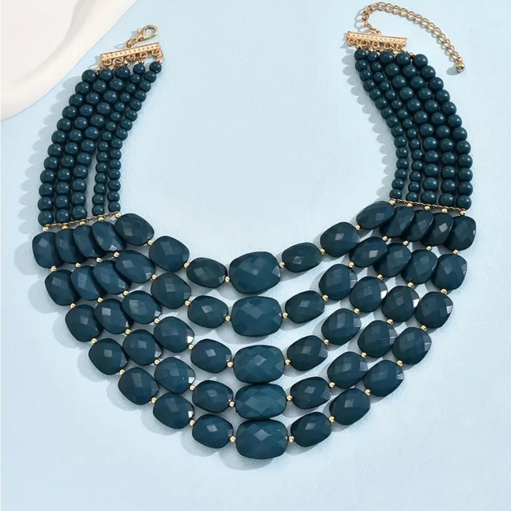 Teal Blue Acrylic Multifaceted Beaded Necklace - Picture 2 of 3